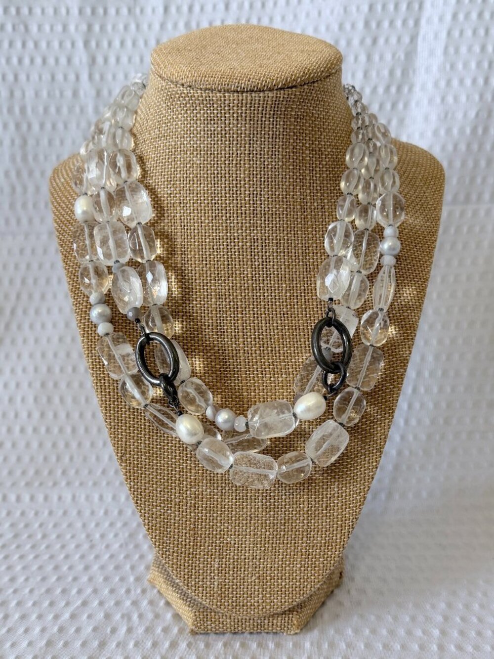 Clear Multi-Strand Beaded Necklace with Black Accent Hoops